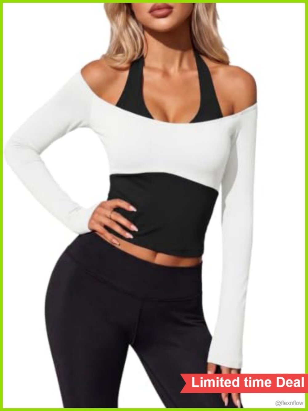 Aoysky Off Shoulder Halter Crop Top Long Sleeve Built in Bra